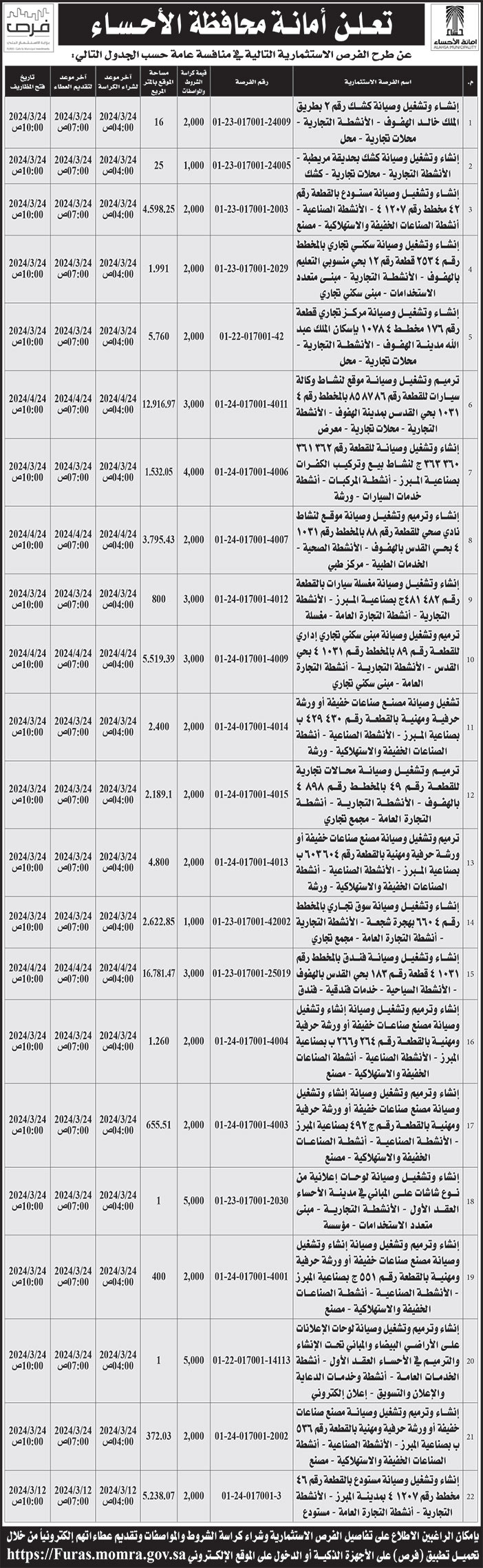 إعلان أمانة محافظة الأحساء 