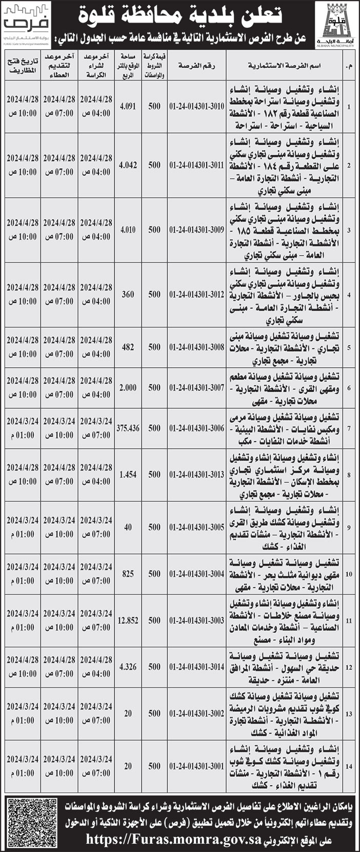 إعلان بلدية محافظة قلوة 