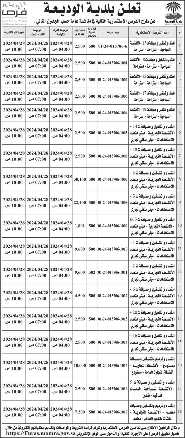 إعلان بلدية الوديعة 