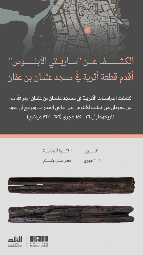 اكتشاف ساريتين من الأبنوس في جدة التاريخية تعودان للقرنين السابع والثامن الميلادي 