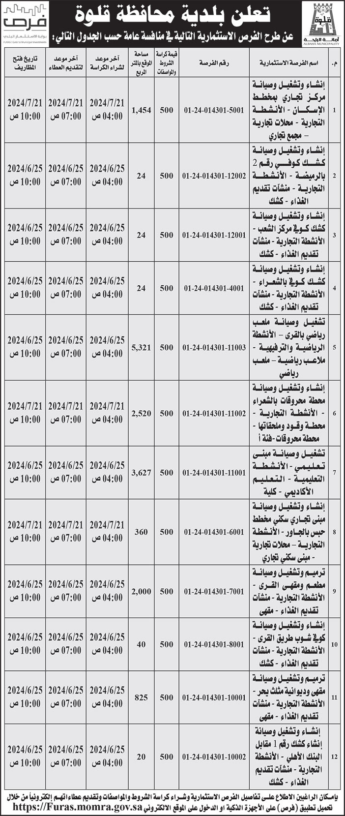 إعلان بلدية محافظة قلوة 