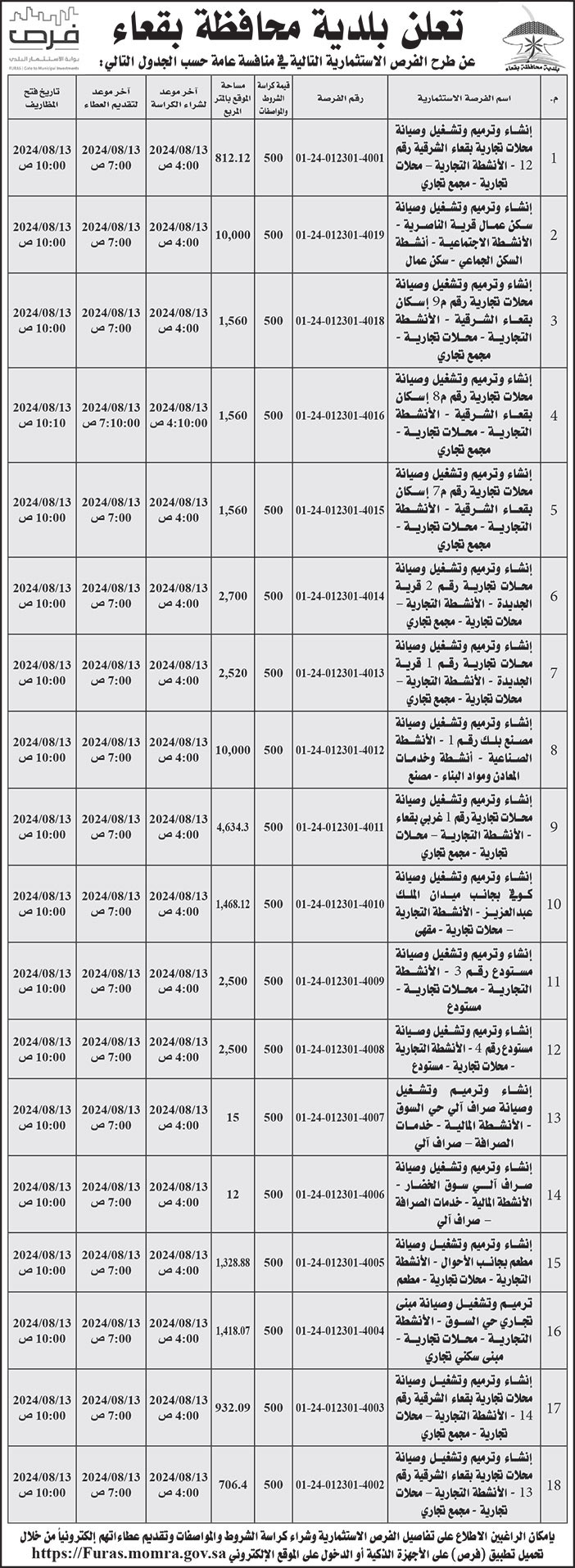 إعلان بلدية محافظة بقعاء 