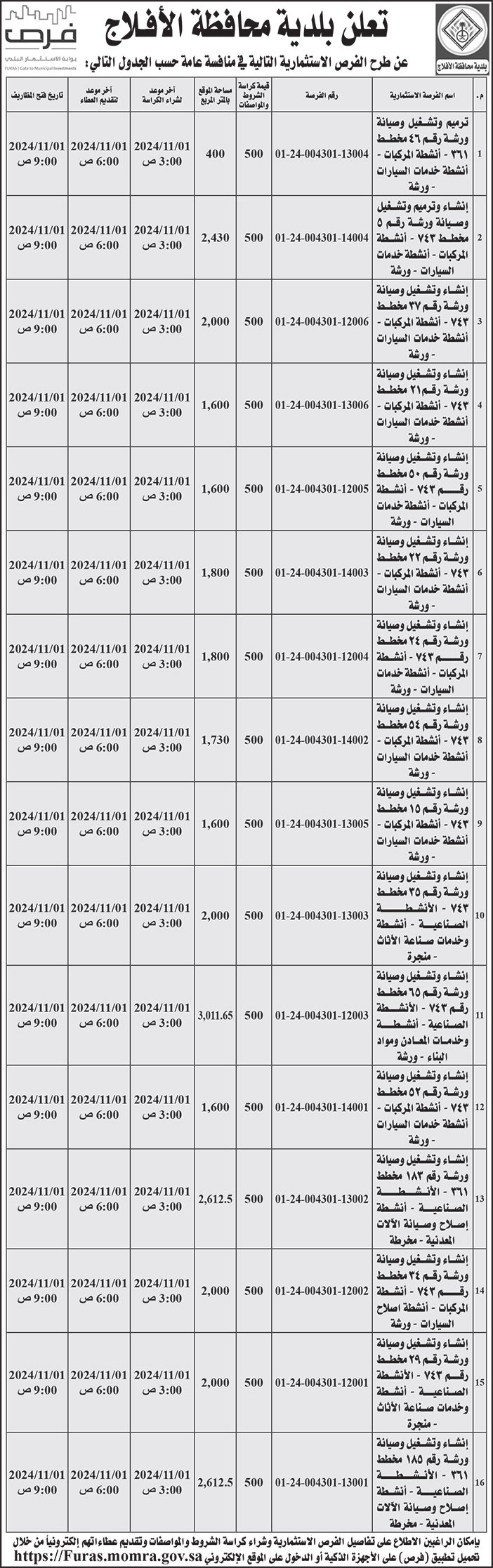 إعلان بلدية محافظة الأفلاج 