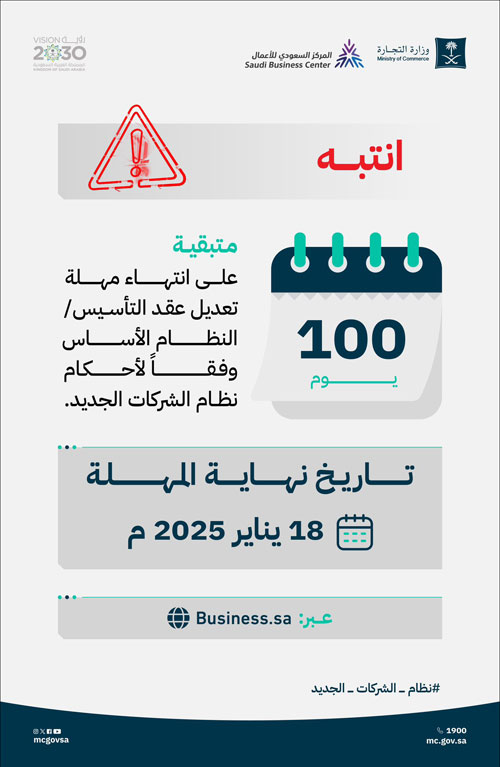 «التجارة»: 100 يوم متبقية على مهلة تعديل عقد التأسيس / النظام الأساس للشركات 