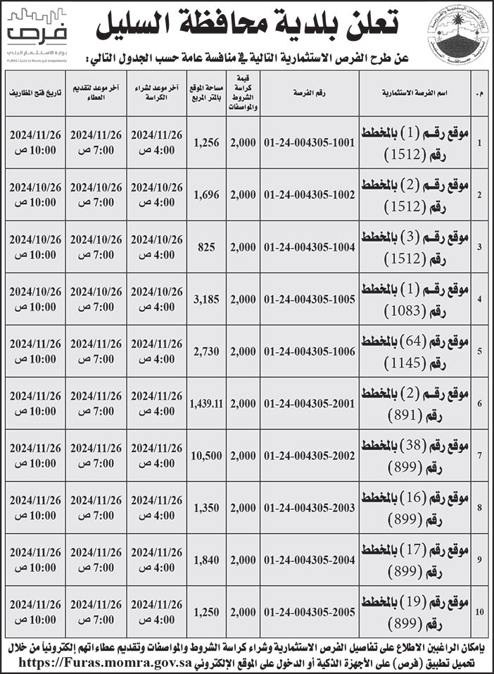 إعلان بلدية محافظة السليل 