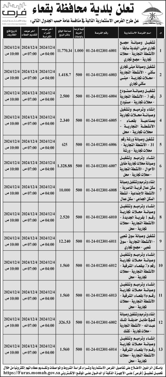 إعلان بلدية محافظة بقعاء 